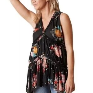 Free People Haze Floral Tiered Tunic Tank Black Black & Pink Floral